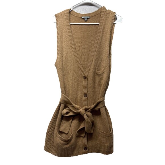 James Perse Sz 3 100% Cashmere Long Cardigan Sweater Tie Belt Sleeveless Tan - Picture 1 of 6